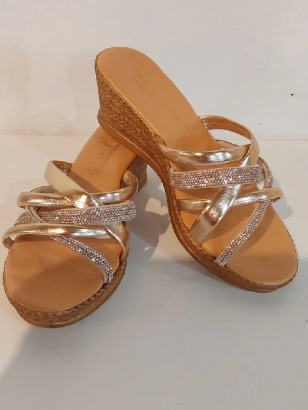 Fabio Maggenti|Wedge Slide Sandals in Metallic Gold/Silver Bling Slip On Sz.7.5